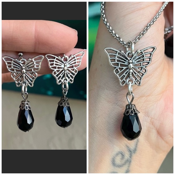Butterfly Set with black austrian crystals ( necklace & matching earrings ) boho - Picture 2 of 13